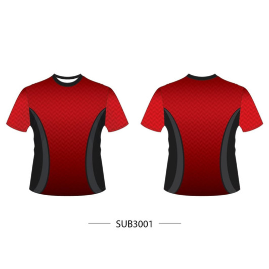 A red and black T-shirt with a textured design, featuring a logo on the front.