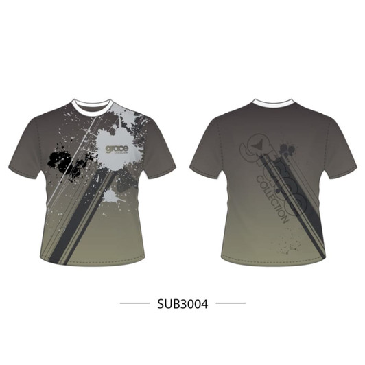 A grey and black T-shirt featuring a splash design and a logo, with a standard crew neck cut.