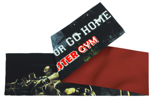 A single-sided sublimated scarf featuring a black design with red accents and a logo.