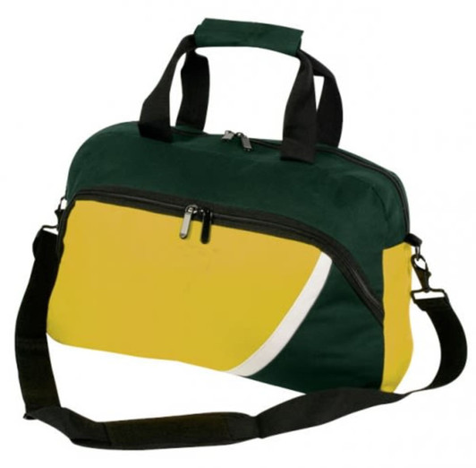 A green and yellow laptop bag with a front zipper pocket and adjustable shoulder strap. It features a logo.