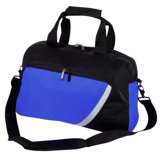 A black and blue laptop bag with a shoulder strap and zippered compartments, featuring a subtle logo.