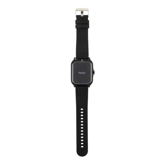A black smart watch with a square face and adjustable strap, featuring a simple grey display.