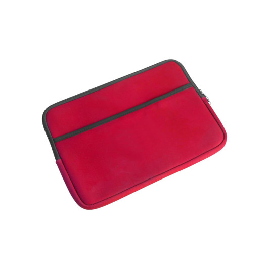 A red laptop bag with a black zipper and contrasting trim, featuring two outer pockets. Logo visible on the bag.