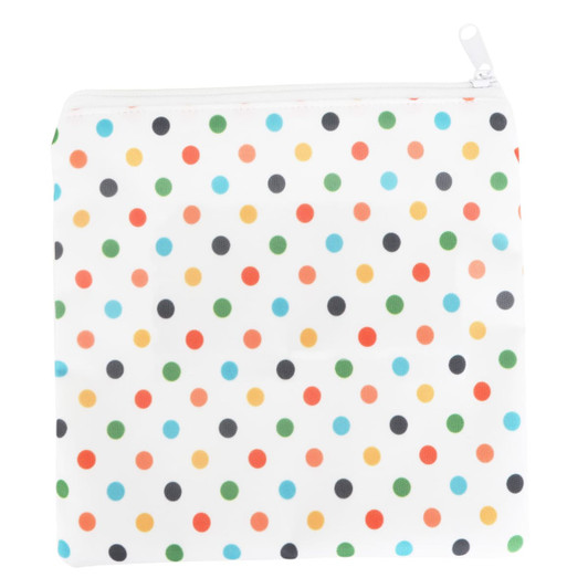 A reusable food pouch with a zipper closure, featuring a white background adorned with multi-coloured polka dots.