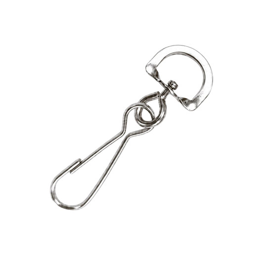 A metal lanyard clip with a spring-loaded hook, featuring a shiny silver finish and a circular cutout.