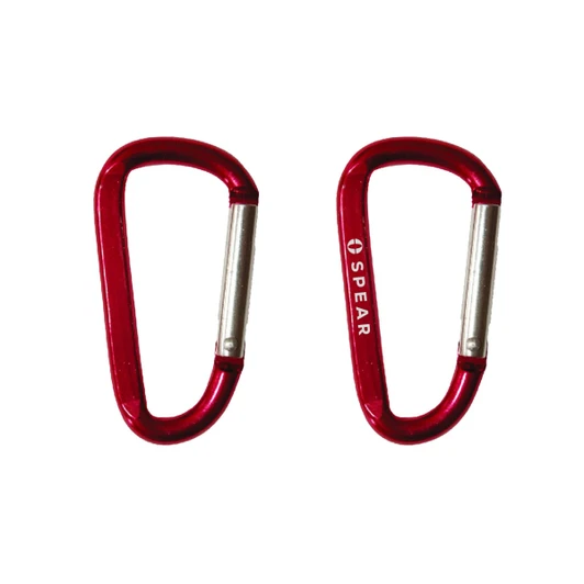 Two red carabiners are displayed, featuring an aluminum design and a logo on one side.
