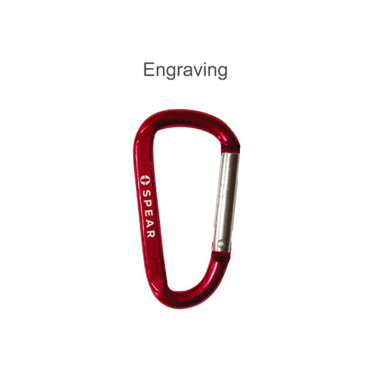 A red 6cm carabiner with a silver attachment, featuring a logo on one side.
