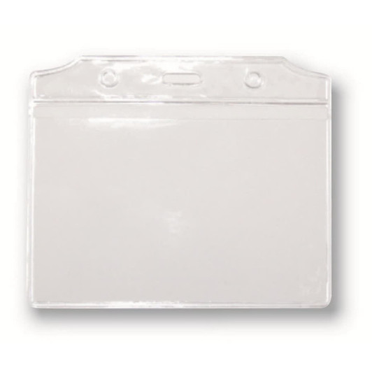 A clear PVC card holder with a top slot and two holes for attachment, suitable for displaying cards.