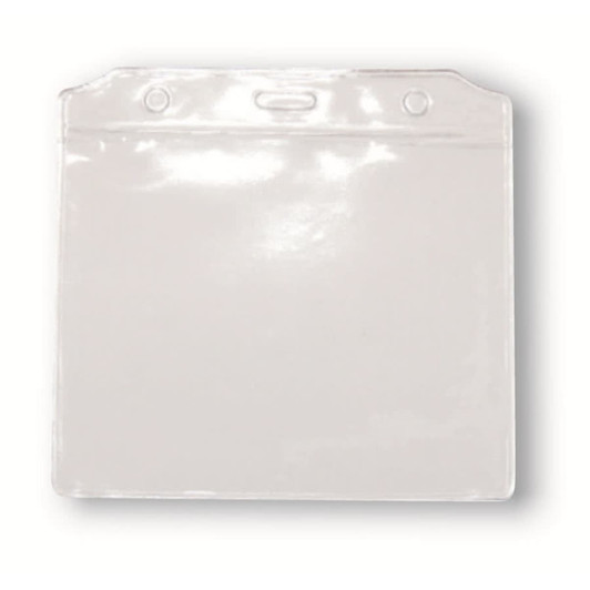 A clear PVC card holder with two holes for attachment, suitable for displaying ID cards or passes.