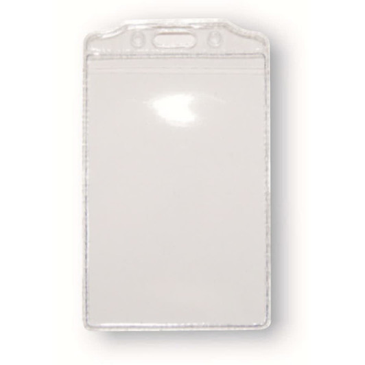 A clear PVC card holder with a top opening and a slot for a lanyard or clip.