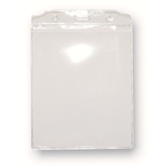 A clear PVC card holder with a top slot for attachment, featuring a simple, transparent design.
