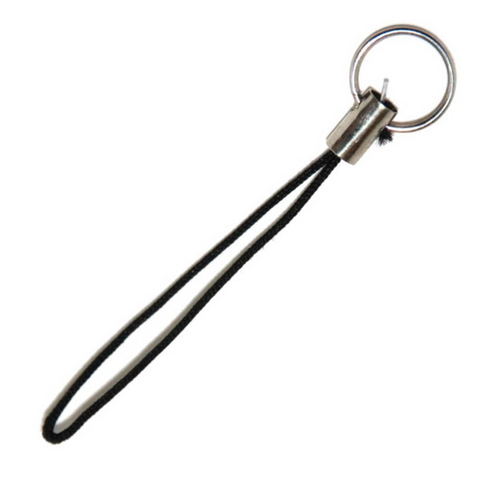 A mobile phone holder in black, featuring a loop with a silver ring for attachment.