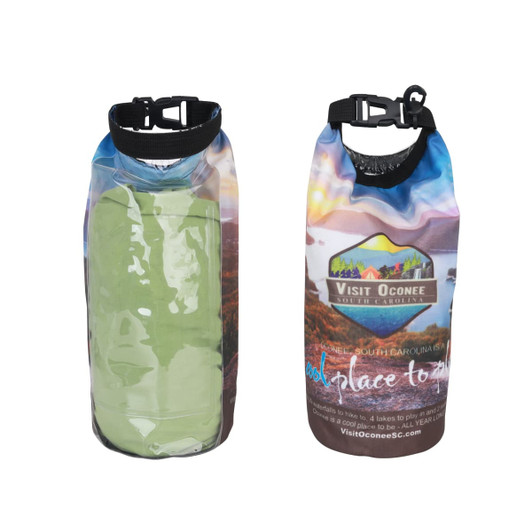 A 2L full colour dry bag with a PVC window, featuring a scenic print and a black secure strap at the top.