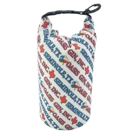 A 2L full colour dry bag with a PVC window, featuring a white background with multicoloured text and a black clip.