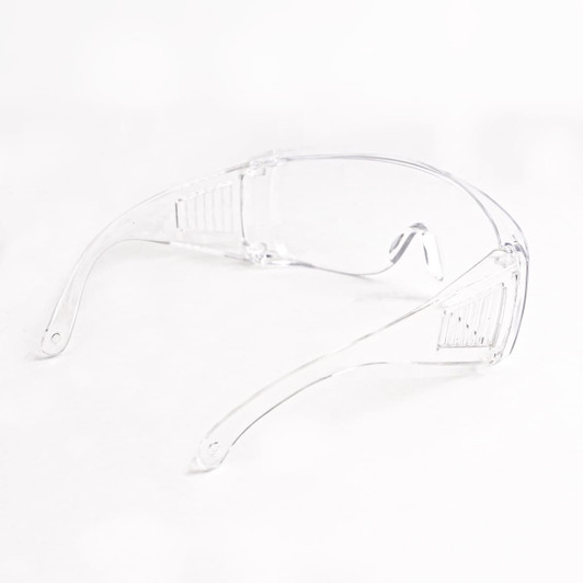 Clear anti-fog safety protective goggles with a sleek design and a logo on the side.