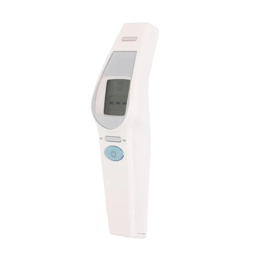 A white touchless digital infrared forehead thermometer with a display and buttons.