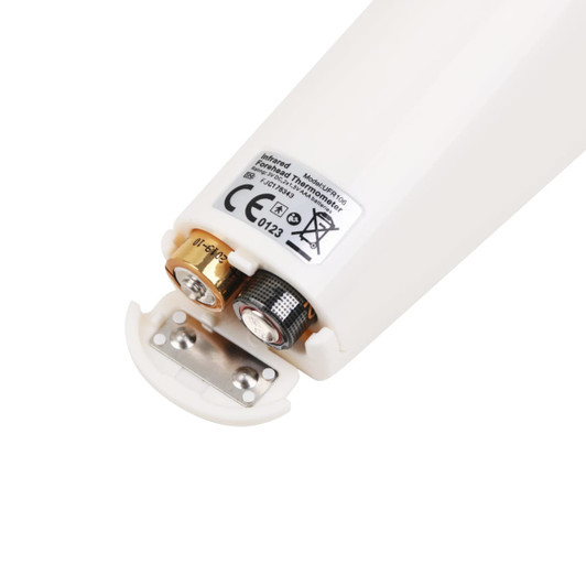A touchless digital infrared forehead thermometer in white, showcasing the battery compartment at the base.