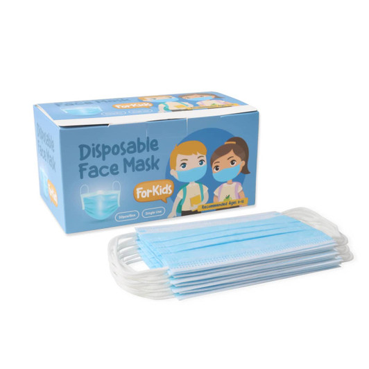 A box of personal children's disposable masks in blue, containing 50 masks for kids, featuring a logo.