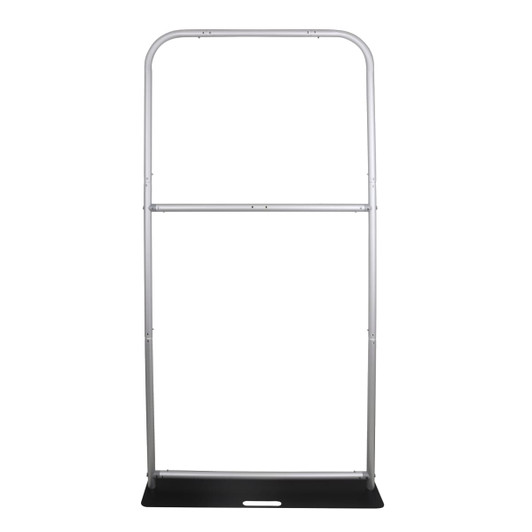 A silver dispenser stand with a black base, featuring a simple, sturdy design. It includes a logo on the side.