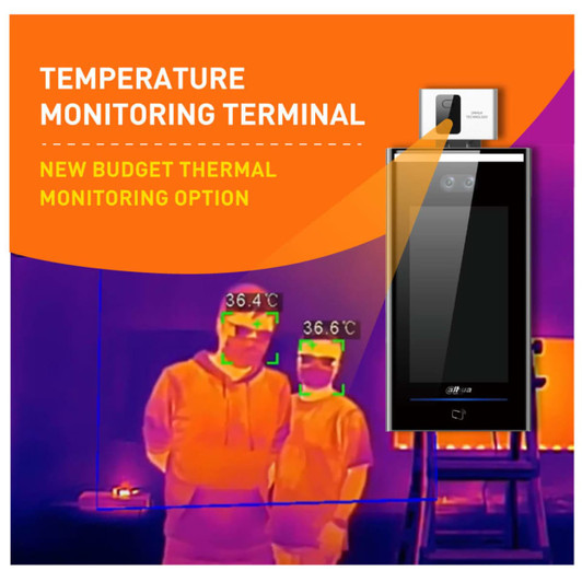 A temperature screening kiosk in black with a floor stand, featuring a display and a logo, set against a bright background.