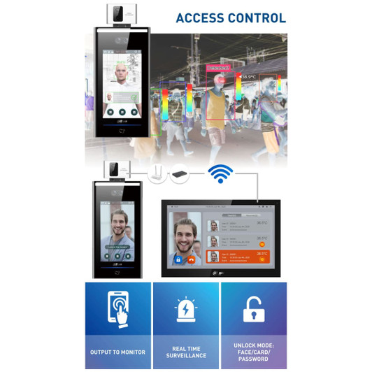 A temperature screening kiosk in black with a floor stand, featuring a touchscreen display and a camera.