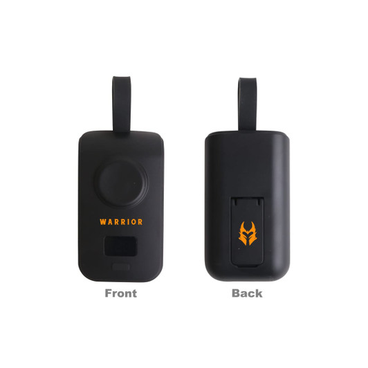A black portable power bank for Apple Watch featuring a circular button, a small display, and a logo.
