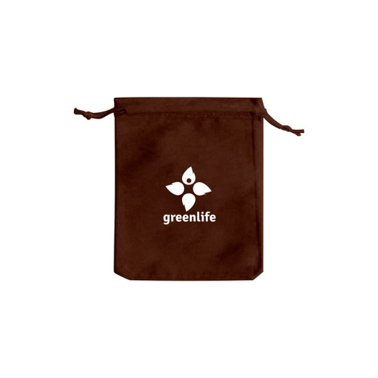 A brown velvet drawstring bag with a logo on the front. The bag features a cinched closure.