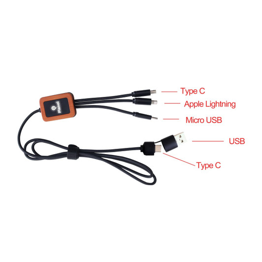 A charging cable with a square-shaped connector, featuring USB, Type C, and Apple Lightning options in black and brown.