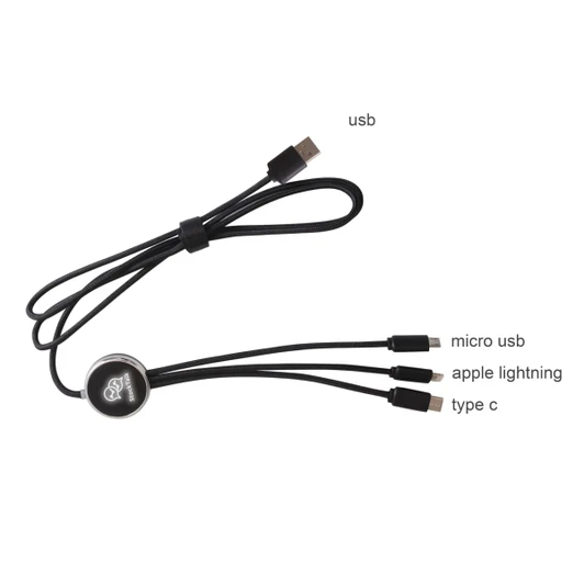 A black 1.2m long charging cable featuring USB, micro USB, Apple Lightning, and Type C connectors.