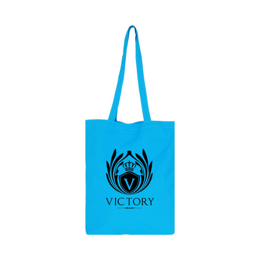 A light blue cotton bag with long handles and a logo on the front.