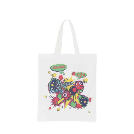 A white cotton bag with a colourful graphic design featuring bright illustrations and a logo.