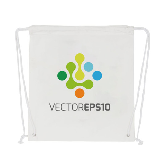 A white drawstring cotton bag featuring a multicoloured logo and two cotton drawstrings.