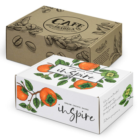 Two die cut boxes with locking lids, featuring coffee bean and orange floral designs in brown and white.