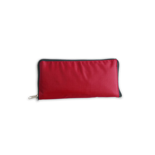 A red foldable tote bag displayed flat, featuring a zip closure and a contrasting black edge. It has a logo.