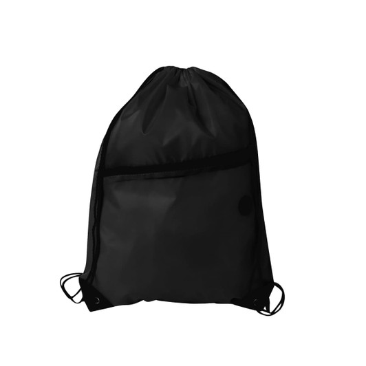A black polyester drawstring bag featuring a zippered pocket and adjustable drawstrings. It has a logo on the front.