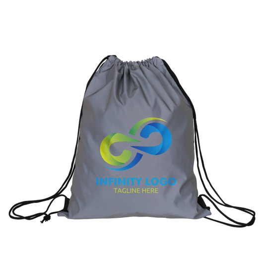 A grey reflective drawstring bag with a logo and coloured design. Features black drawstrings for closure.