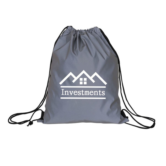 A grey drawstring bag with a logo featuring mountains and the word "Investments" printed in white.