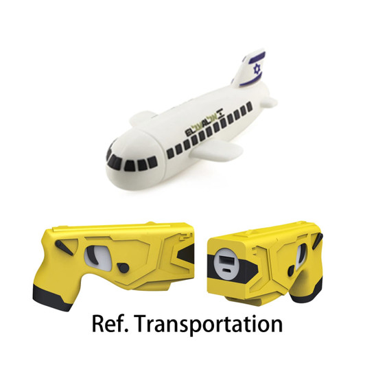 A custom-shaped power bank designed like an airplane, predominantly white with yellow accents, featuring a logo.