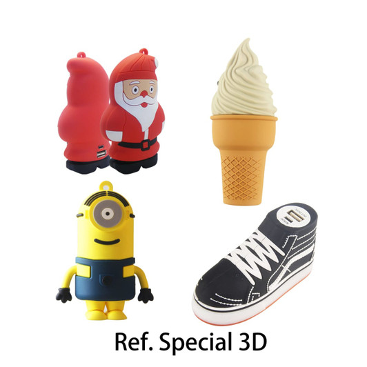 Custom-shaped power banks in various designs: Santa Claus, ice cream cone, minion, and sneaker. Bright colours with unique shapes.