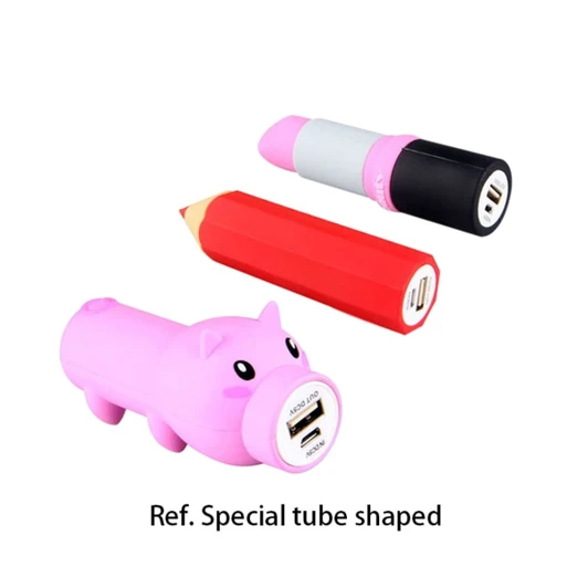 A pink pig-shaped power bank, a grey and pink tube power bank, and a red pencil-shaped power bank with USB ports.