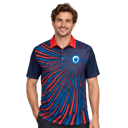 A blue and red patterned polo shirt featuring a logo on the chest and a collar with contrasting colour.