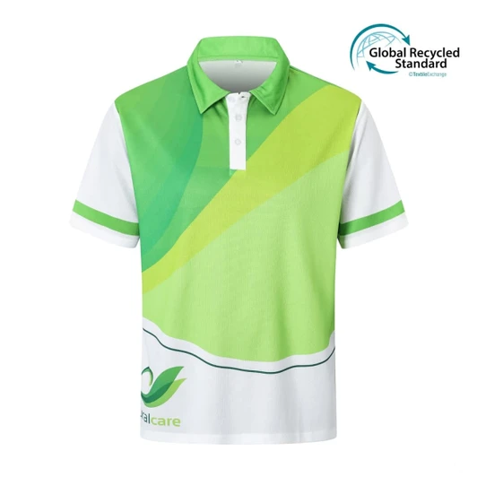 A green and white unisex polo shirt with a logo and a smooth, modern design. Made from recycled materials.