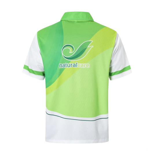 A green and white unisex polo shirt featuring a logo and a vibrant design on the back.