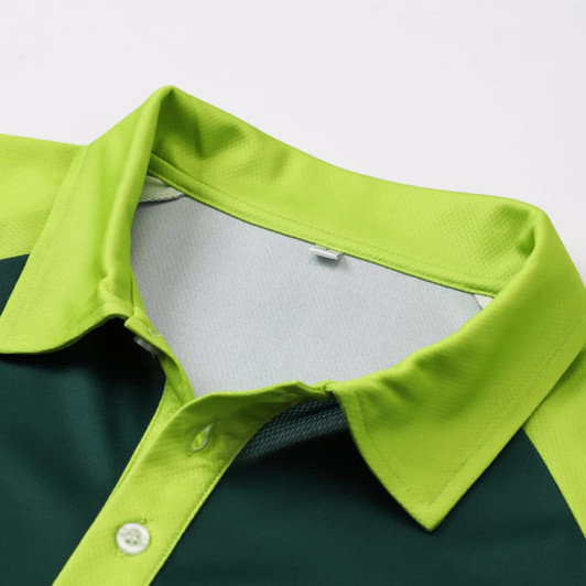 A green and lime unisex polo shirt with a collar and a logo on the chest area.