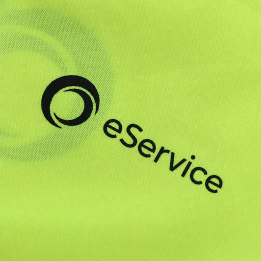 A vibrant yellow fabric featuring a logo and text. Suitable for high-visibility workwear.