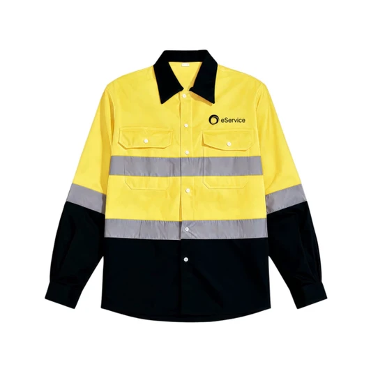 A unisex cotton long-sleeve shirt in bright yellow and black with reflective stripes and a logo.