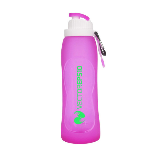 A drink bottle in pink silicone with a white lid and a carabiner, featuring a logo on the side.
