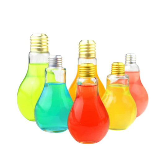 A drink bottle collection featuring six bulb-shaped plastic bottles in vibrant colours: green, blue, orange, and yellow, with metallic caps.