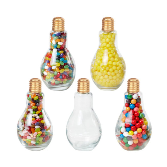 A drink bottle shaped like a bulb, featuring a variety of colourful beads and a gold-coloured lid.