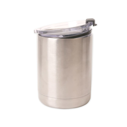 A drink bottle with a stainless steel body, featuring a clear plastic lid and a sleek design.